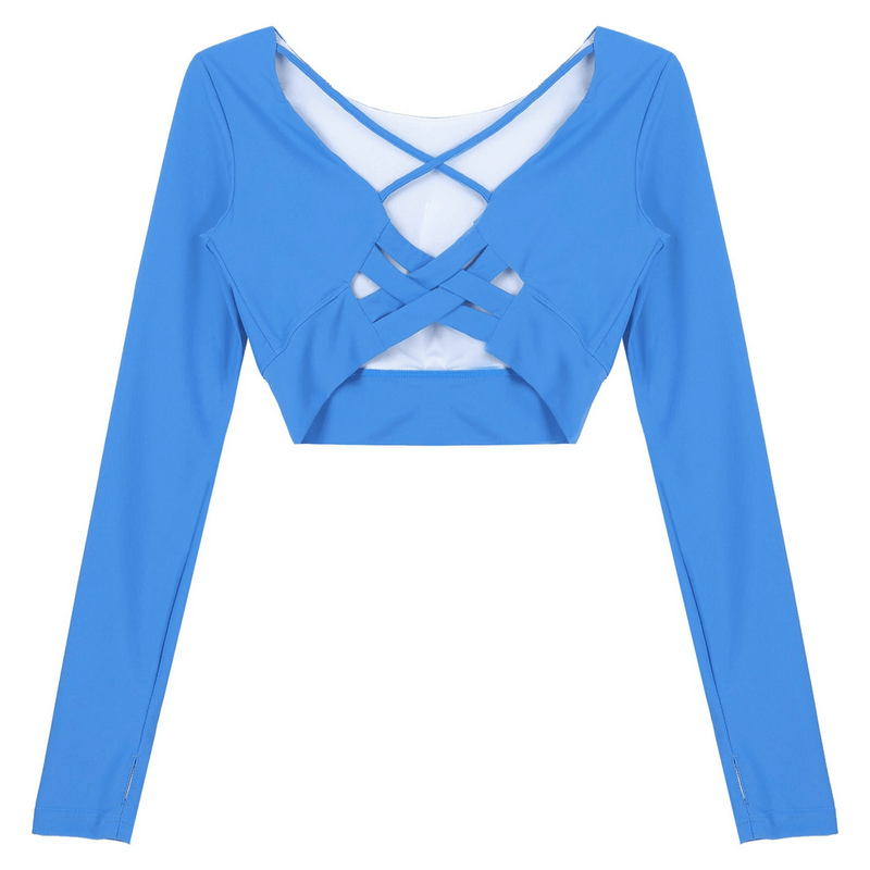 Sporty blue seamless cropped top with long sleeves and stylish back cross straps, perfect for active wear. SF1017 style, nylon-spandex blend.
